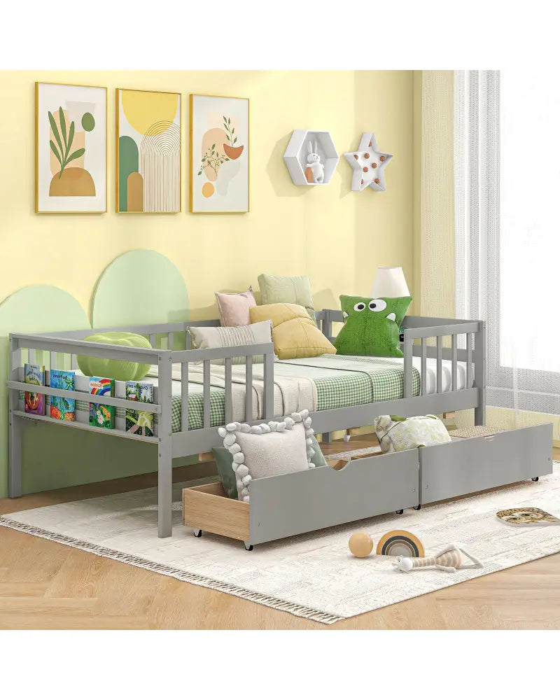 Twin Daybed with Fence and 2 Drawers Kids Bed for Boys & Girls-Gray - Gray - Trundle Bed Frame