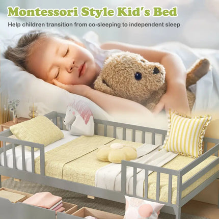 Twin Daybed with Fence and 2 Drawers Kids Bed for Boys & Girls-Gray - Gray - Trundle Bed Frame