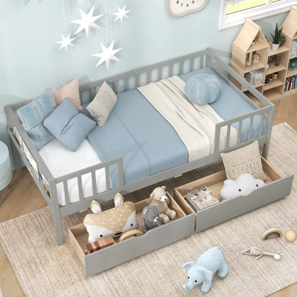 Twin Daybed with Fence and 2 Drawers Kids Bed for Boys & Girls-Gray - Gray - Trundle Bed Frame