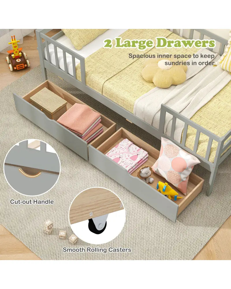 Twin Daybed with Fence and 2 Drawers Kids Bed for Boys & Girls-Gray - Gray - Trundle Bed Frame