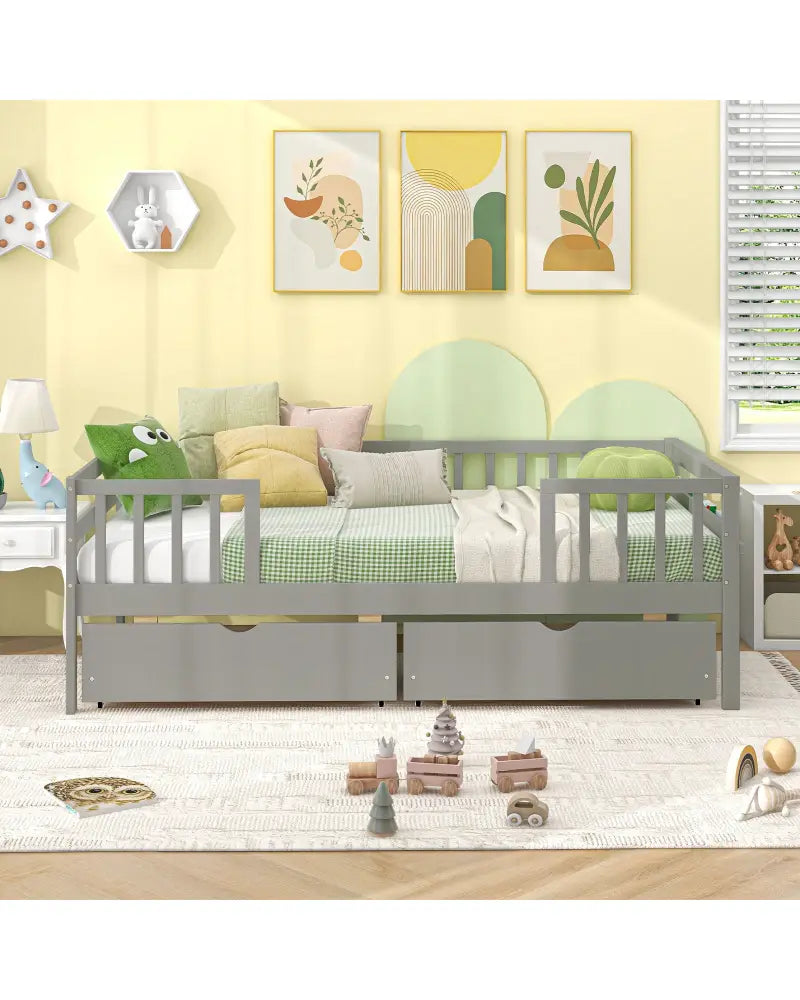 Twin Daybed with Fence and 2 Drawers Kids Bed for Boys & Girls-Gray - Gray - Trundle Bed Frame