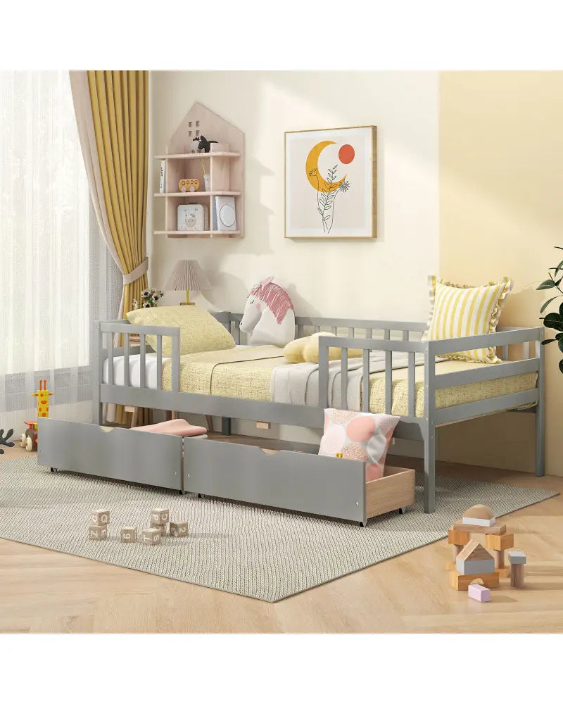 Twin Daybed with Fence and 2 Drawers Kids Bed for Boys & Girls-Gray - Gray - Trundle Bed Frame