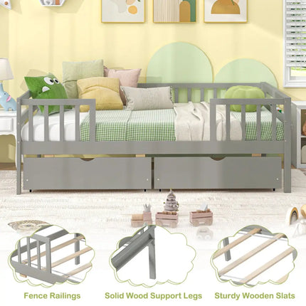 Twin Daybed with Fence and 2 Drawers Kids Bed for Boys & Girls-Gray - Gray - Trundle Bed Frame