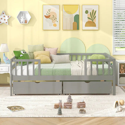 Twin Daybed with Fence and 2 Drawers Kids Bed for Boys & Girls-Gray - Gray - Trundle Bed Frame