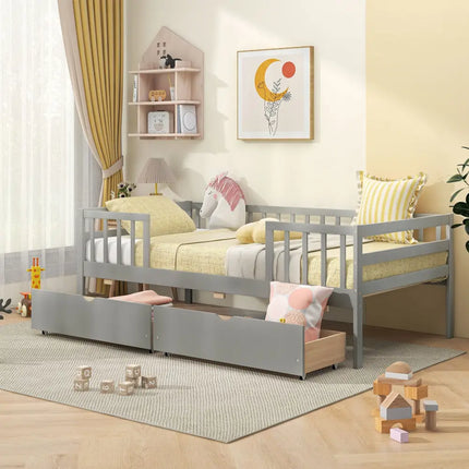Twin Daybed with Fence and 2 Drawers Kids Bed for Boys & Girls-Gray - Gray - Trundle Bed Frame