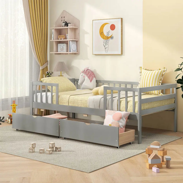Twin Daybed with Fence and 2 Drawers Kids Bed for Boys & Girls-Gray - Gray - Trundle Bed Frame