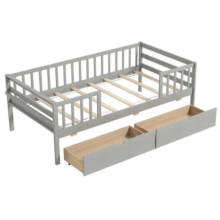 Twin Daybed with Fence and 2 Drawers Kids Bed for Boys & Girls-Gray - Gray - Trundle Bed Frame