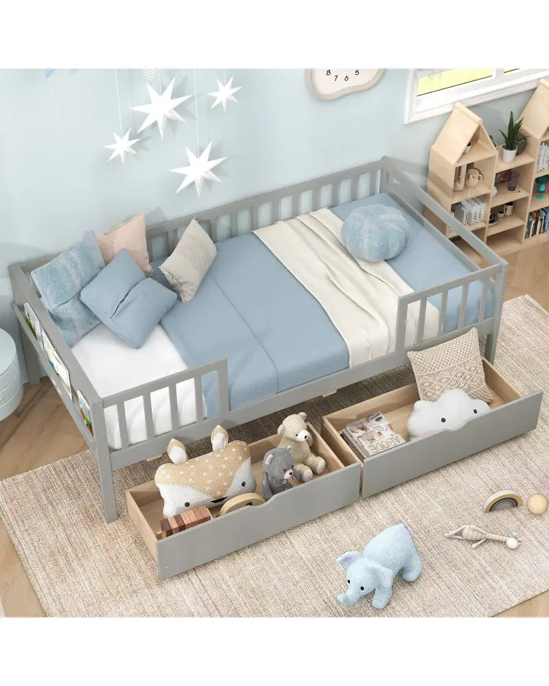 Twin Daybed with Fence and 2 Drawers Kids Bed for Boys & Girls-Gray - Gray - Trundle Bed Frame