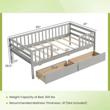 Twin Daybed with Fence and 2 Drawers Kids Bed for Boys & Girls-Gray - Gray - Trundle Bed Frame
