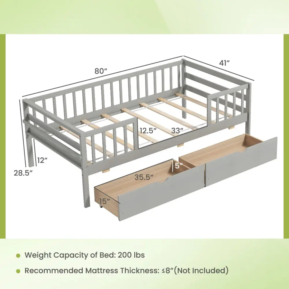 Twin Daybed with Fence and 2 Drawers Kids Bed for Boys & Girls-Gray - Gray - Trundle Bed Frame