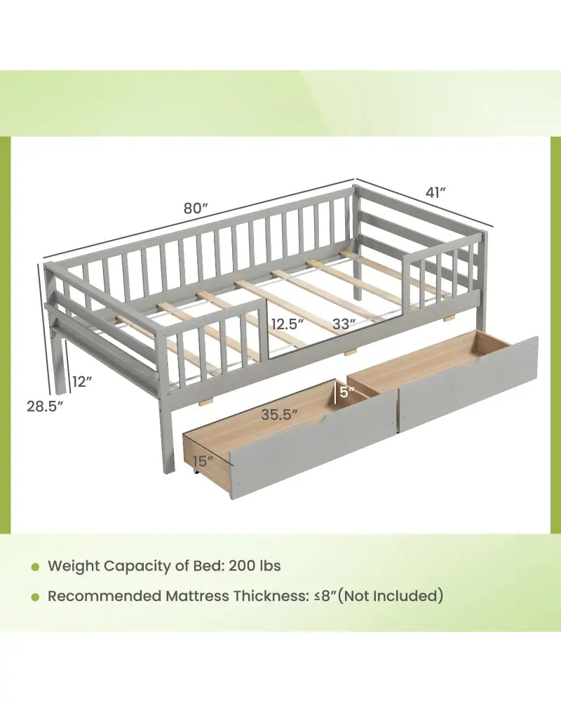 Twin Daybed with Fence and 2 Drawers Kids Bed for Boys & Girls-Gray - Gray - Trundle Bed Frame
