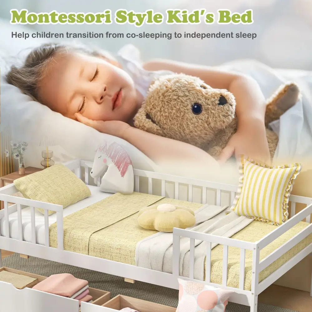 Twin Daybed with Fence and 2 Drawers Kids Bed for Boys & Girls-White - White - Trundle Bed Frame