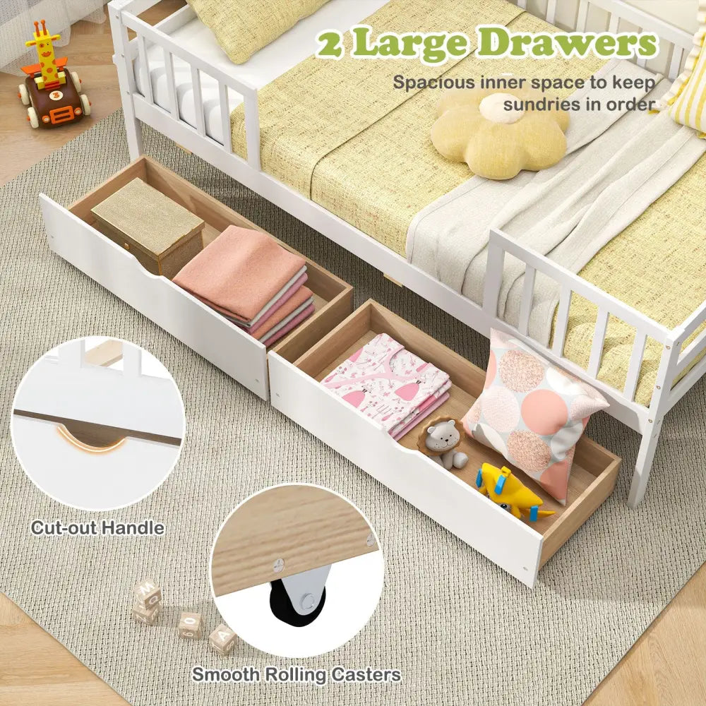 Twin Daybed with Fence and 2 Drawers Kids Bed for Boys & Girls-White - White - Trundle Bed Frame