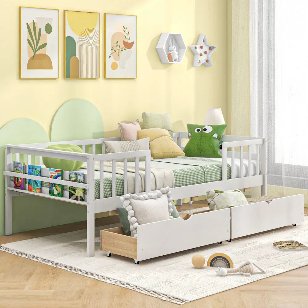 Twin Daybed with Fence and 2 Drawers Kids Bed for Boys & Girls-White - White - Trundle Bed Frame