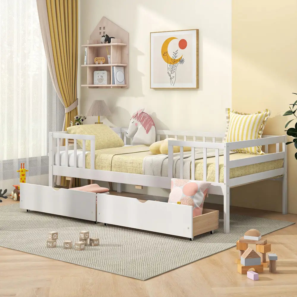 Twin Daybed with Fence and 2 Drawers Kids Bed for Boys & Girls-White - White - Trundle Bed Frame