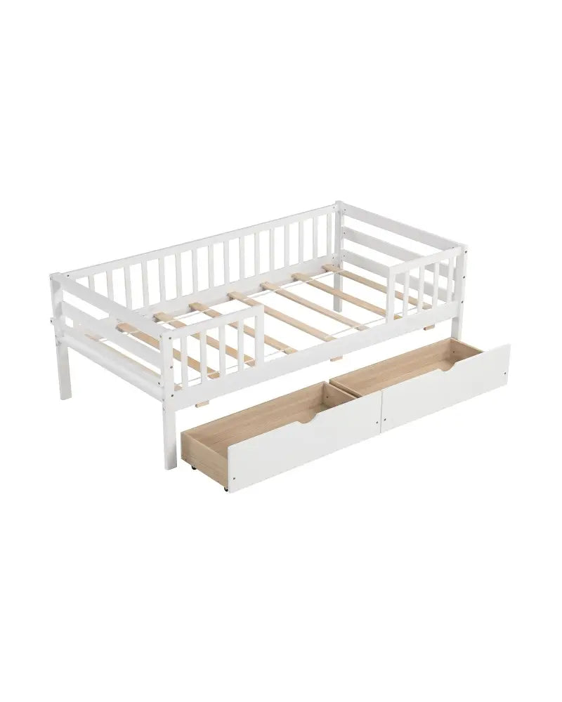 Twin Daybed with Fence and 2 Drawers Kids Bed for Boys & Girls-White - White - Trundle Bed Frame