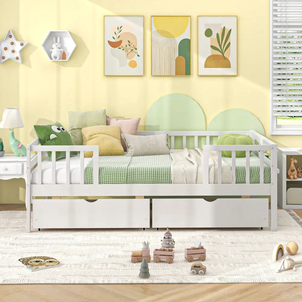 Twin Daybed with Fence and 2 Drawers Kids Bed for Boys & Girls-White - White - Trundle Bed Frame