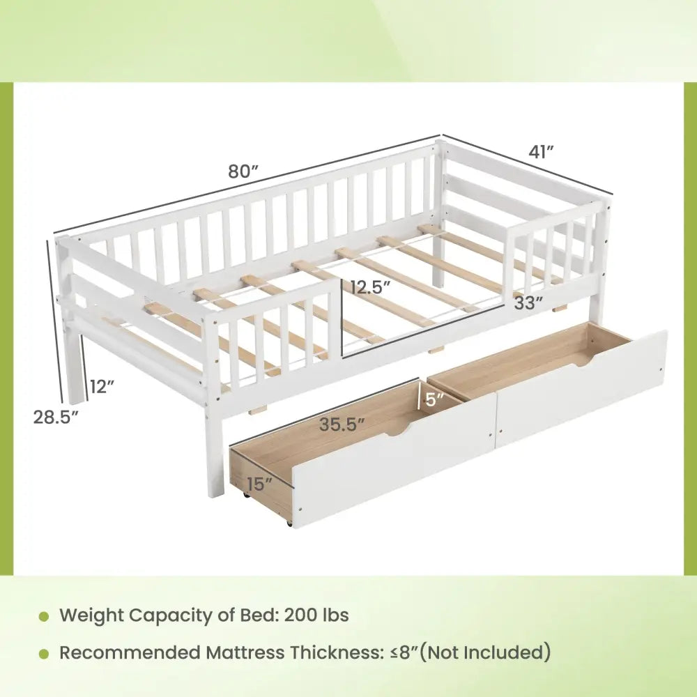 Twin Daybed with Fence and 2 Drawers Kids Bed for Boys & Girls-White - White - Trundle Bed Frame