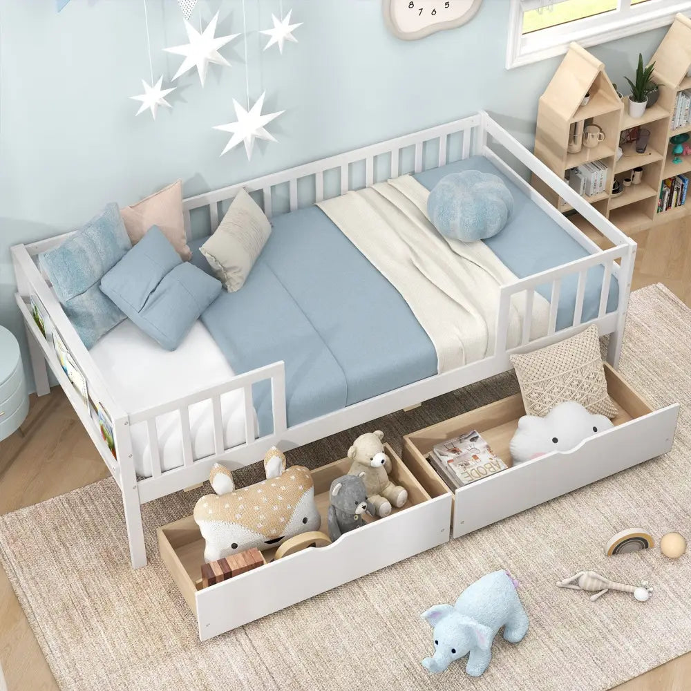 Twin Daybed with Fence and 2 Drawers Kids Bed for Boys & Girls-White - White - Trundle Bed Frame