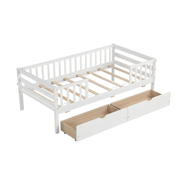 Twin Daybed with Fence and 2 Drawers Kids Bed for Boys & GirlsWhite - Oasis Home Essentials