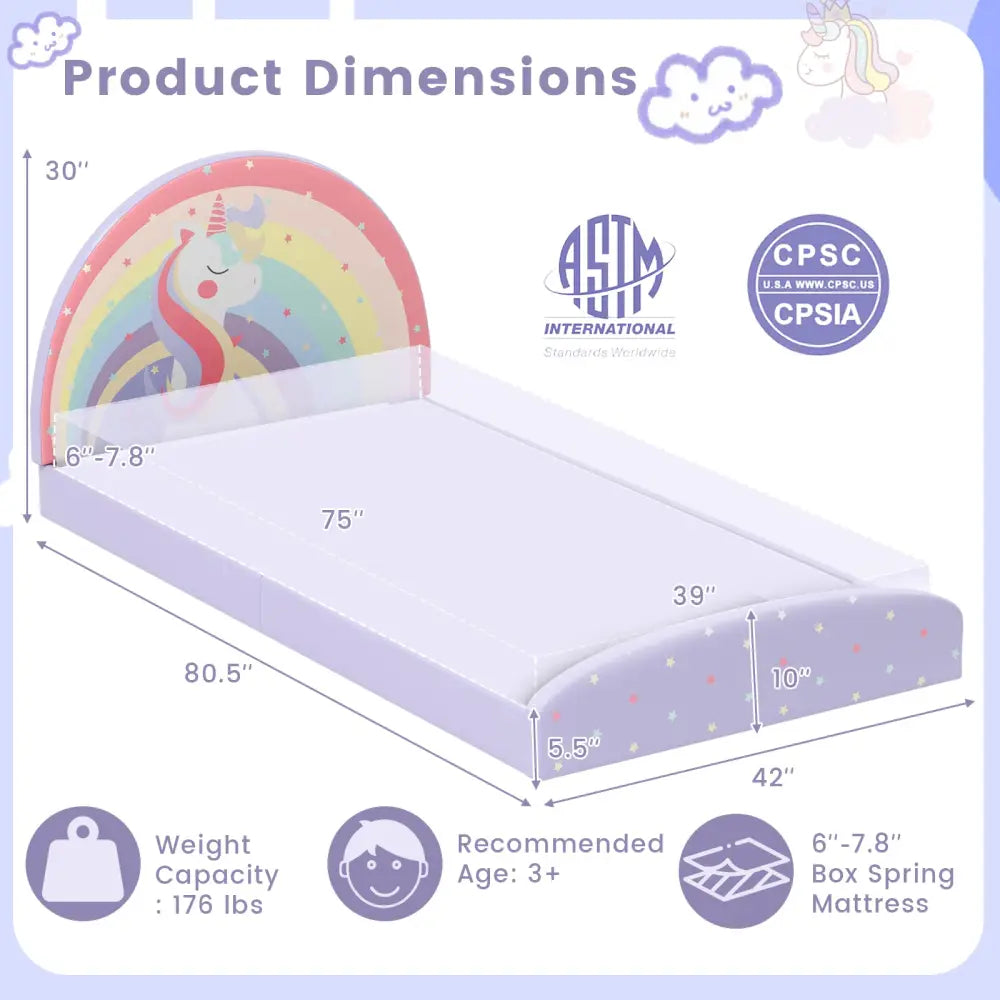 Twin Floor Bed Frame Upholstered Twin Size Kids Floor Bed with 210D Oxford Cloth Floor Mat-Purple - Purple - Toddler