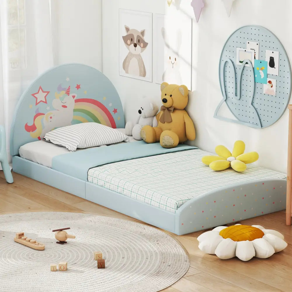 Twin Floor Bed Frame Upholstered Twin Size Kids Floor Bed with 210D Oxford Cloth Floor Mat-Blue - Blue - Toddler Beds