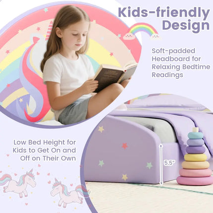 Twin Floor Bed Frame Upholstered Twin Size Kids Floor Bed with 210D Oxford Cloth Floor Mat-Purple - Purple - Toddler