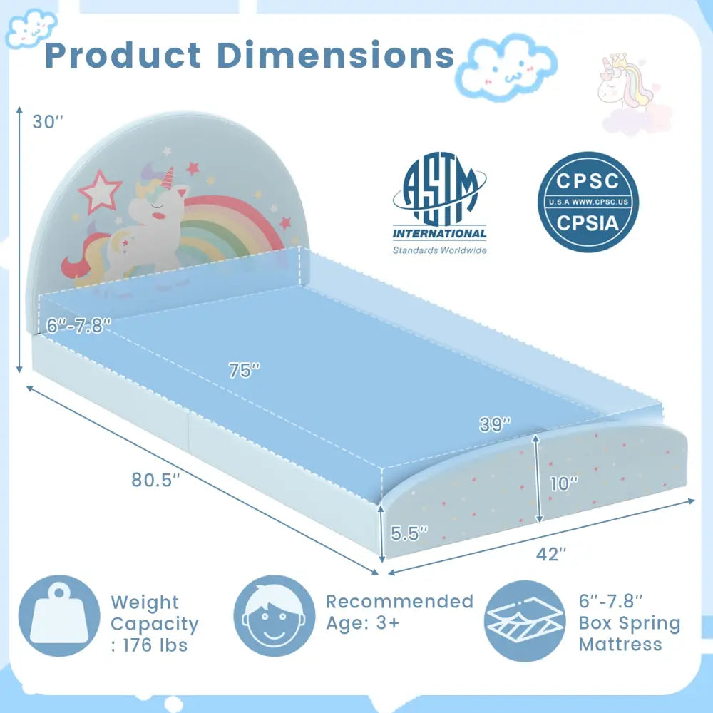 Twin Floor Bed Frame Upholstered Twin Size Kids Floor Bed with 210D Oxford Cloth Floor Mat-Blue - Blue - Toddler Beds