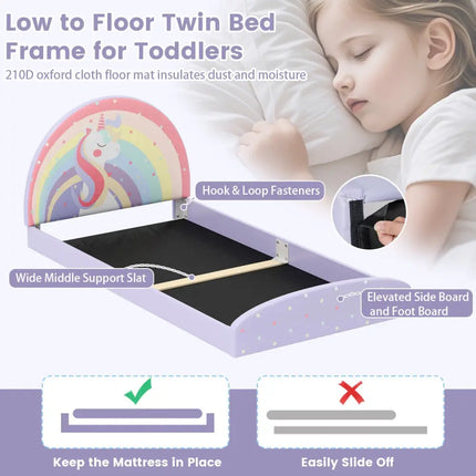 Twin Floor Bed Frame Upholstered Twin Size Kids Floor Bed with 210D Oxford Cloth Floor Mat-Purple - Purple - Toddler
