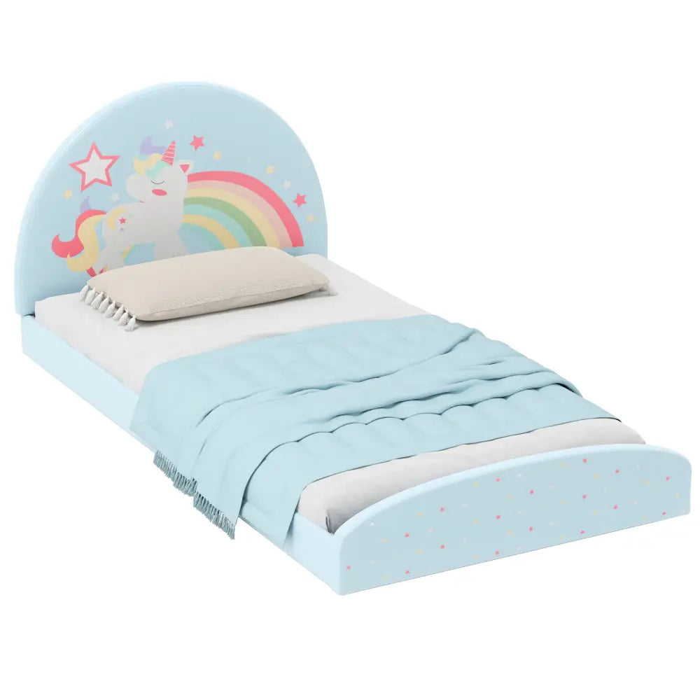 Twin Floor Bed Frame Upholstered Twin Size Kids Floor Bed with 210D Oxford Cloth Floor Mat-Blue - Blue - Toddler Beds