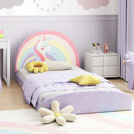 Twin Floor Bed Frame Upholstered Twin Size Kids Floor Bed with 210D Oxford Cloth Floor Mat-Purple - Purple - Toddler