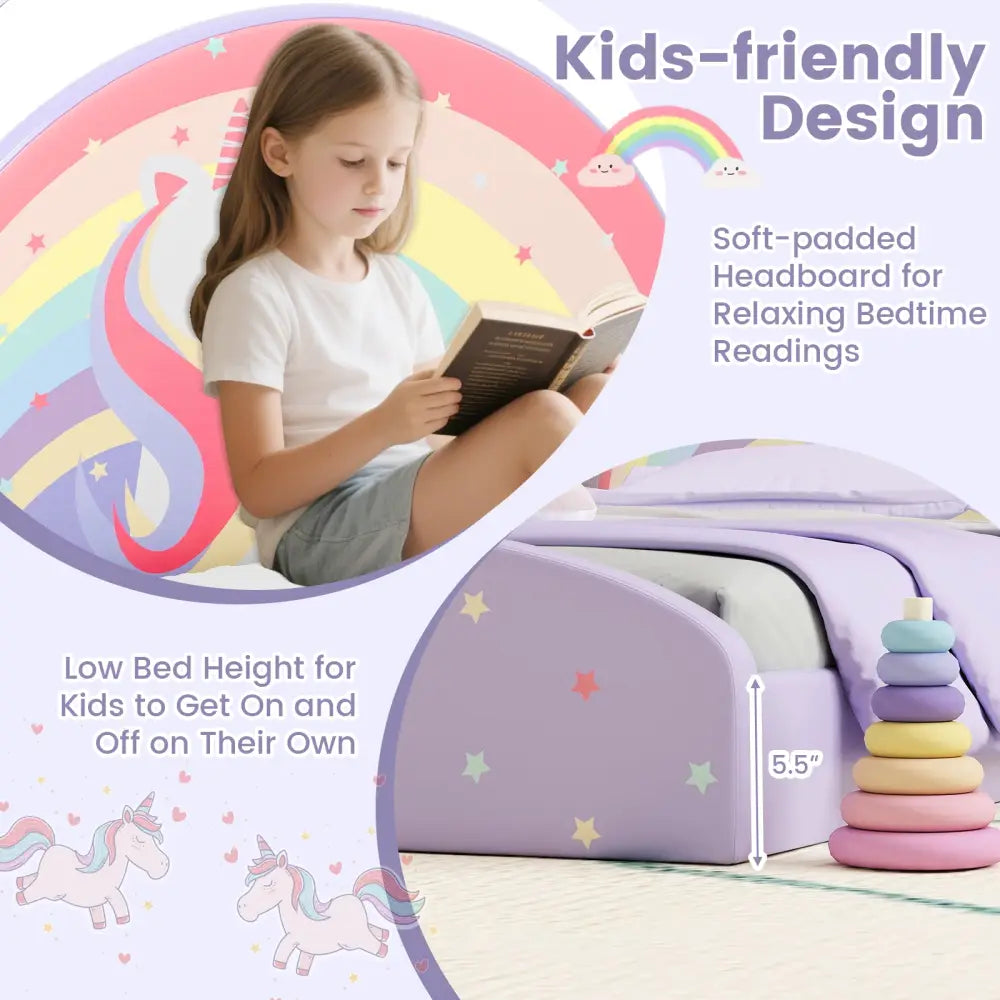 Twin Floor Bed Frame Upholstered Twin Size Kids Floor Bed with 210D Oxford Cloth Floor Mat-Purple - Purple - Toddler