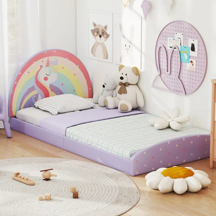 Twin Floor Bed Frame Upholstered Twin Size Kids Floor Bed with 210D Oxford Cloth Floor Mat-Purple - Purple - Toddler