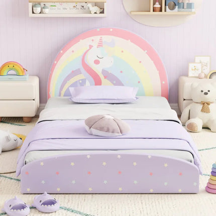 Twin Floor Bed Frame Upholstered Twin Size Kids Floor Bed with 210D Oxford Cloth Floor Mat-Purple - Purple - Toddler