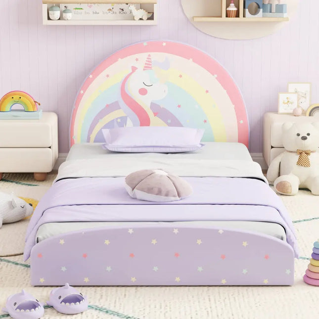 Twin Floor Bed Frame Upholstered Twin Size Kids Floor Bed with 210D Oxford Cloth Floor Mat-Purple - Purple - Toddler