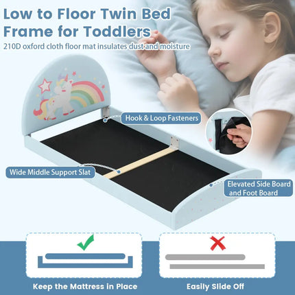 Twin Floor Bed Frame Upholstered Twin Size Kids Floor Bed with 210D Oxford Cloth Floor Mat-Blue - Blue - Toddler Beds