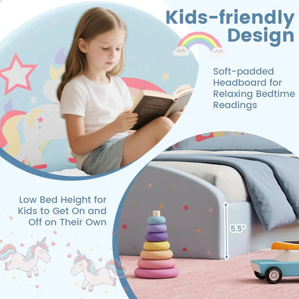 Twin Floor Bed Frame Upholstered Twin Size Kids Floor Bed with 210D Oxford Cloth Floor Mat-Blue - Blue - Toddler Beds