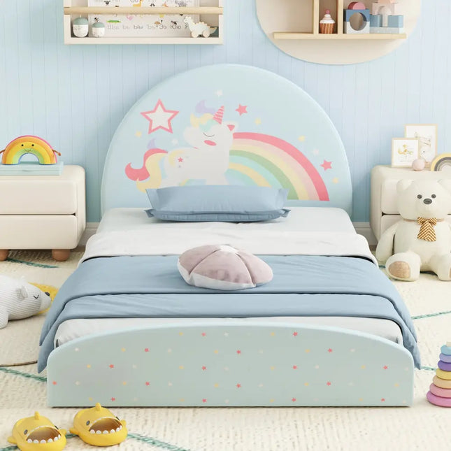 Twin Floor Bed Frame Upholstered Twin Size Kids Floor Bed with 210D Oxford Cloth Floor Mat-Blue - Blue - Toddler Beds