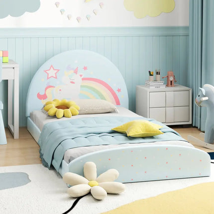Twin Floor Bed Frame Upholstered Twin Size Kids Floor Bed with 210D Oxford Cloth Floor Mat-Blue - Blue - Toddler Beds
