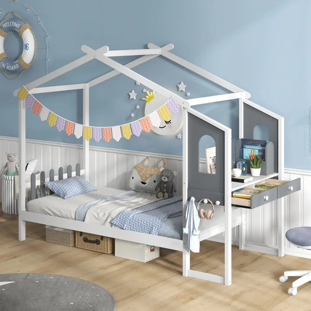 Twin/Full Bed Frame with House Roof Canopy and Fence for Kids-Full Size - White - Toddler Beds