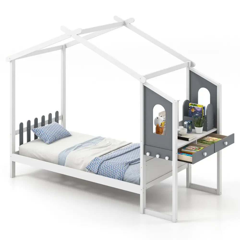 Twin/Full Bed Frame with House Roof Canopy and Fence for Kids-Full Size - White - Toddler Beds