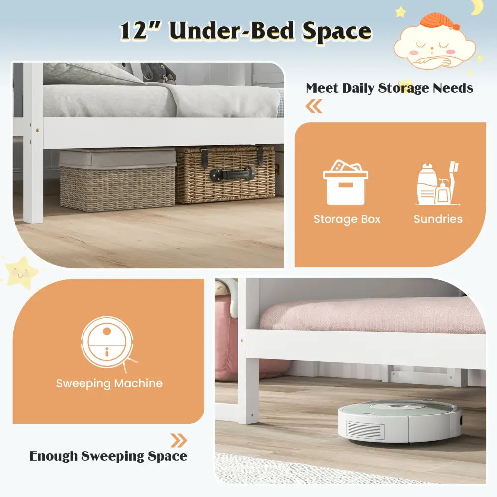 Twin/Full Bed Frame with House Roof Canopy and Fence for Kids-Full Size - White - Toddler Beds