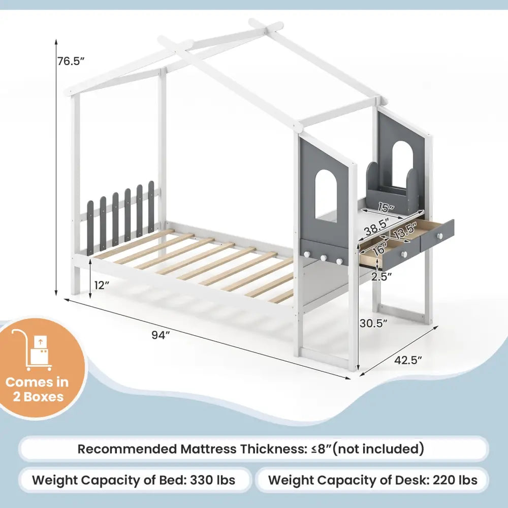 Twin/Full Bed Frame with House Roof Canopy and Fence for Kids-Full Size - White - Toddler Beds