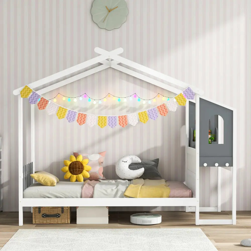 Twin/Full Bed Frame with House Roof Canopy and Fence for Kids-Full Size - White - Toddler Beds