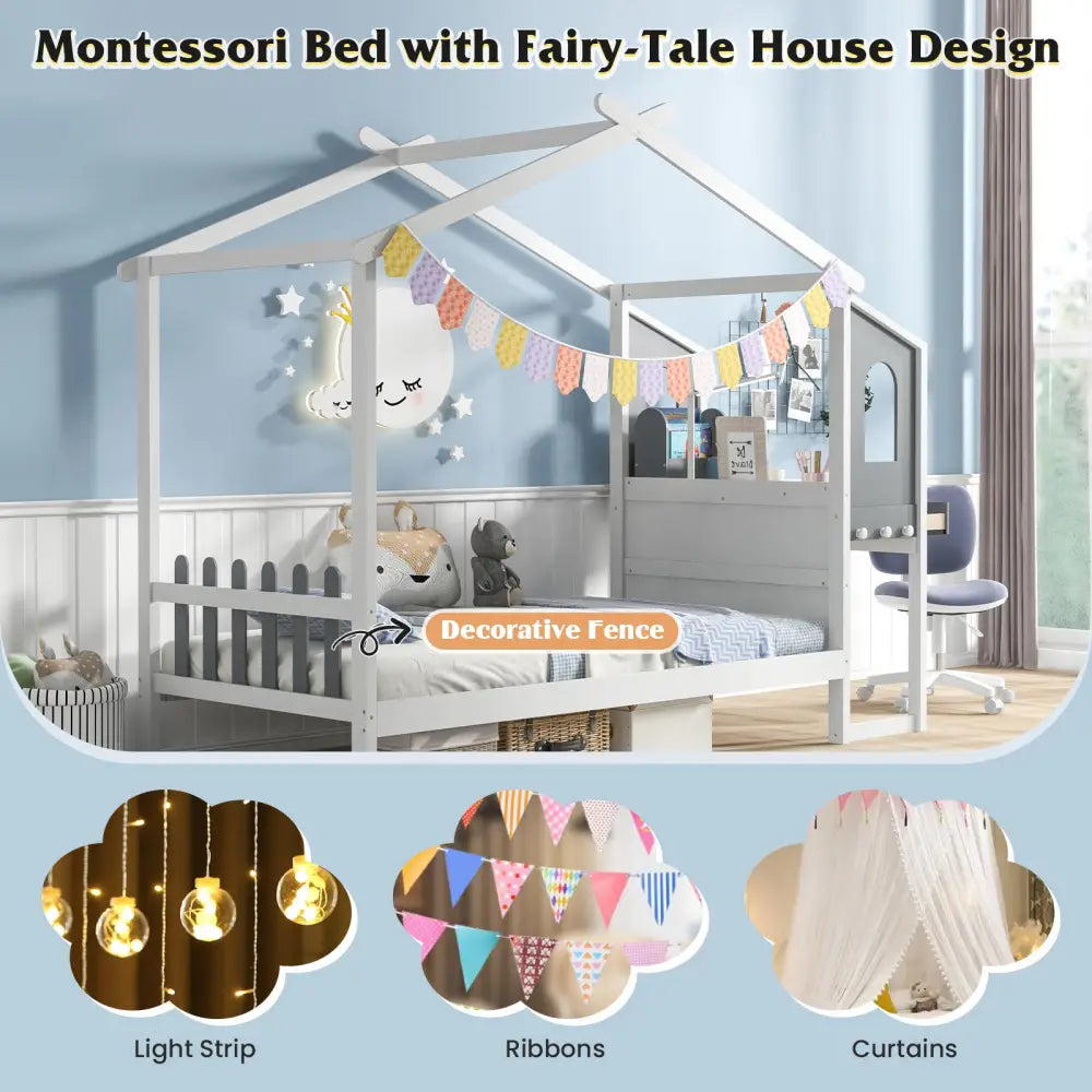 Twin/Full Bed Frame with House Roof Canopy and Fence for Kids-Full Size - White - Toddler Beds