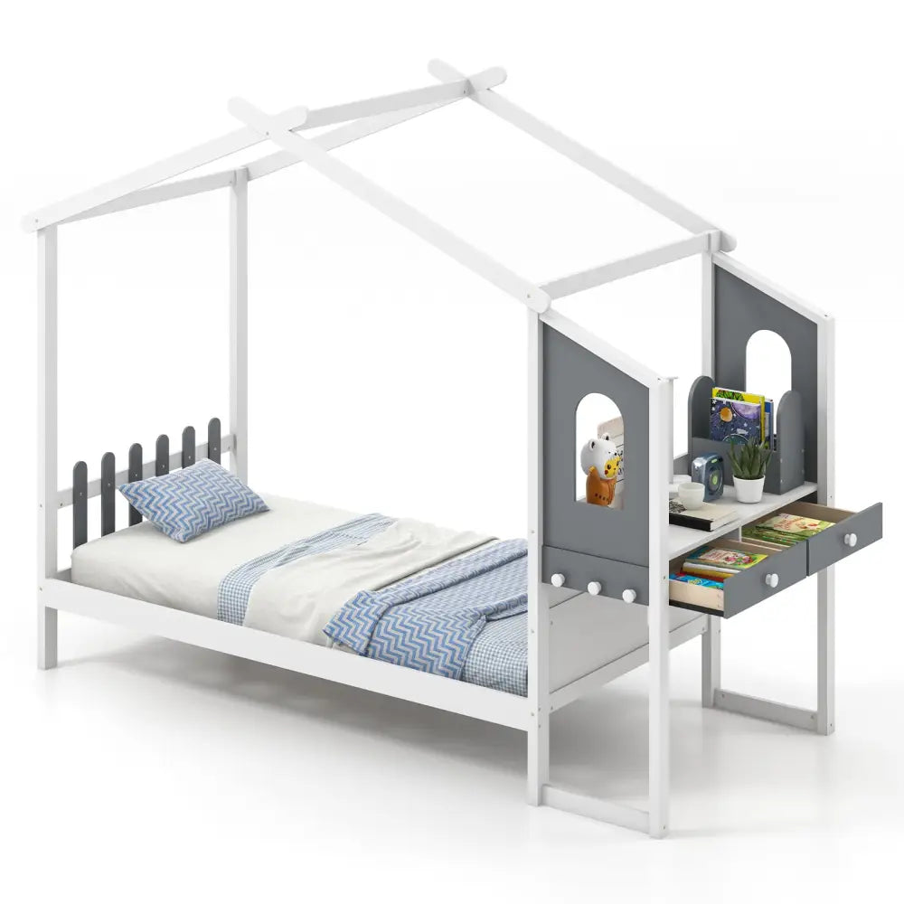 Twin/Full Bed Frame with House Roof Canopy and Fence for Kids-Full Size - White - Toddler Beds