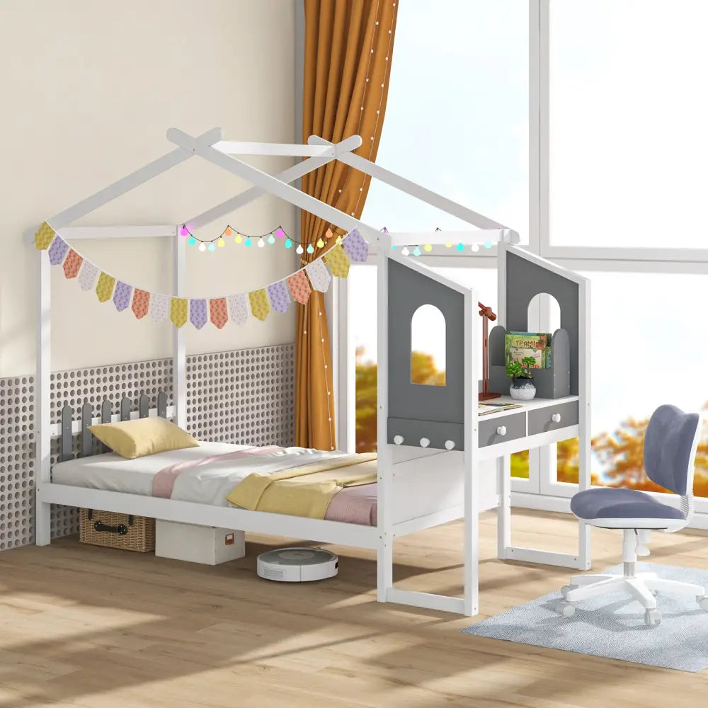 Twin/Full Bed Frame with House Roof Canopy and Fence for Kids-Twin Size - White - Toddler Beds