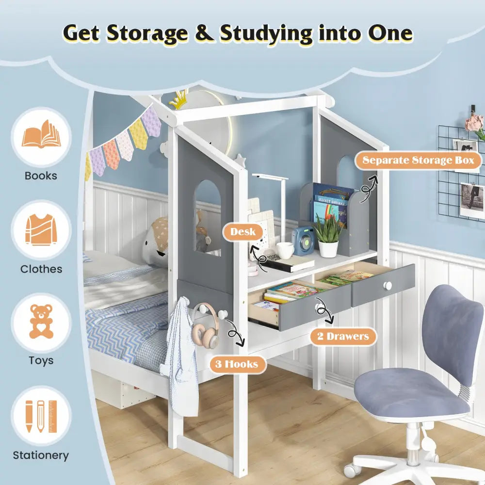 Twin/Full Bed Frame with House Roof Canopy and Fence for Kids-Twin Size - White - Toddler Beds
