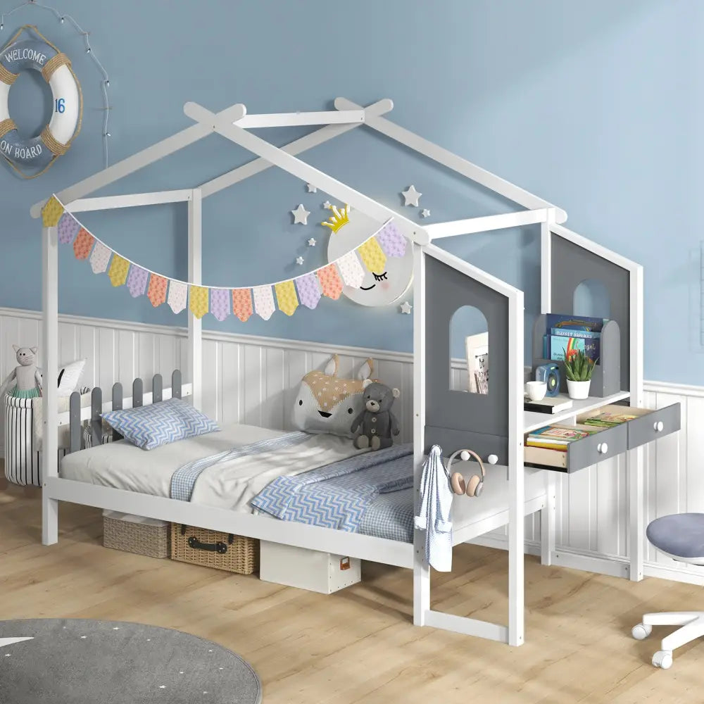 Twin/Full Bed Frame with House Roof Canopy and Fence for Kids-Twin Size - White - Toddler Beds