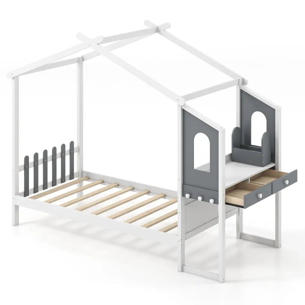 Twin/Full Bed Frame with House Roof Canopy and Fence for Kids-Twin Size - White - Toddler Beds